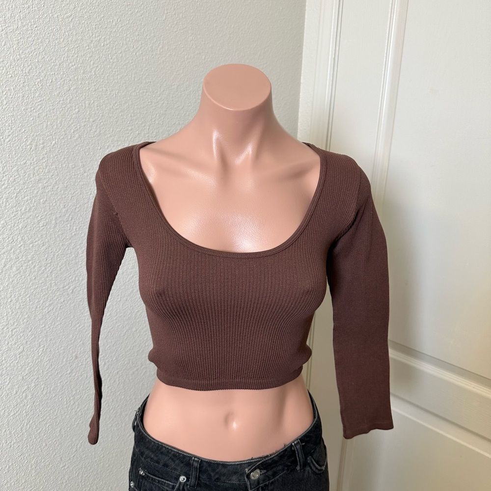 Zara Brown Ribbed Long Sleeve Cropped Top Sz XS/S